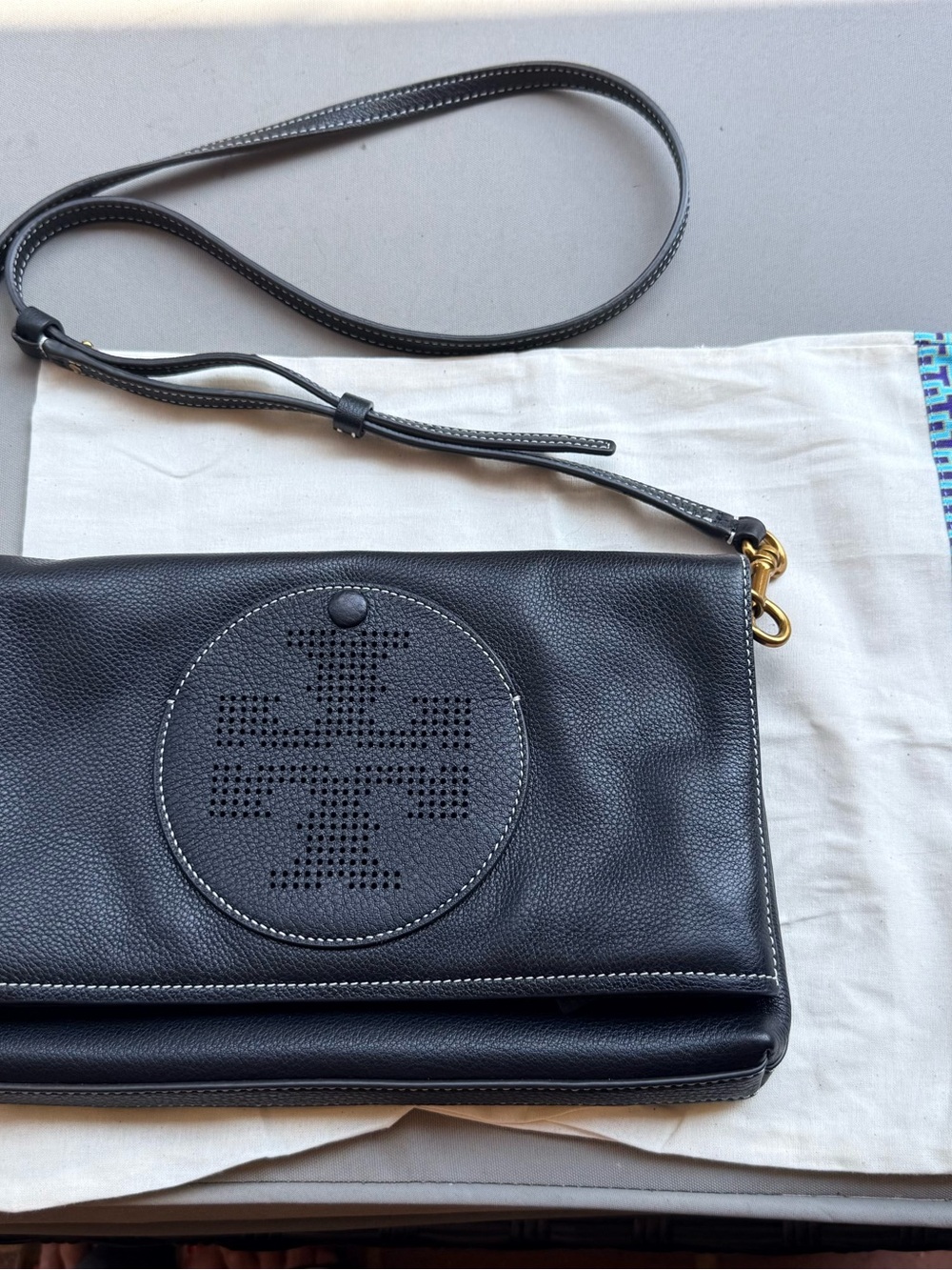 Tory Burch Black Leather Perforated Logo Crossbody